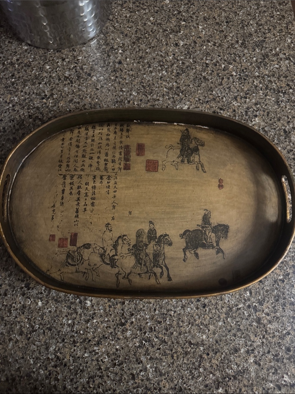 Vintage Chinese Oval Wooden Serving Tray Handpainted 18"x12"x1 1/2"